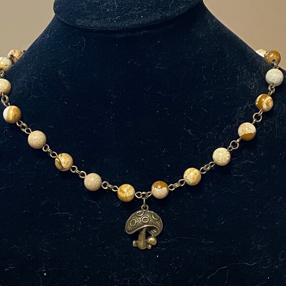 Genuine Yellow Picture Jasper Short Necklace, Bronze Round Mushroom + Gemstone - Picture 3 of 15